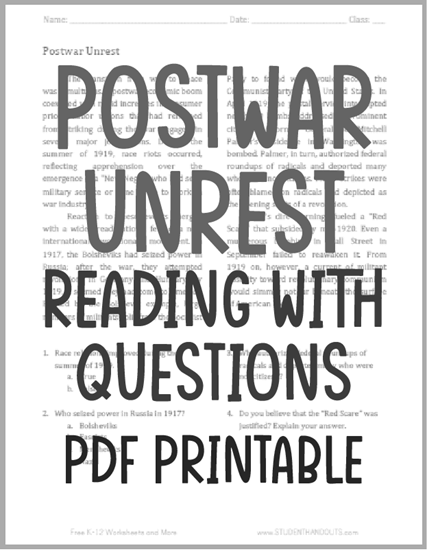 Postwar Unrest - Free printable reading with questions for high school United States History classes (PDF file).