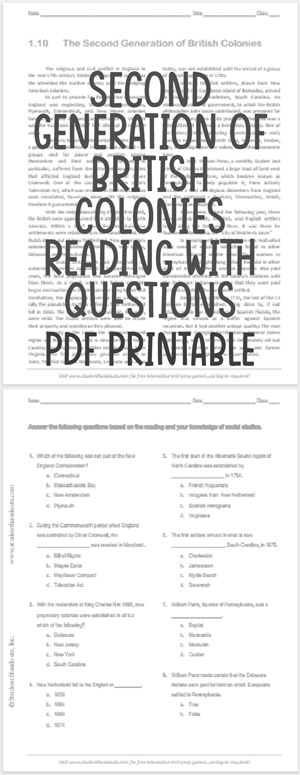"The Second Generation of British Colonies" Reading with Questions for High School United States History Students - Free to print (PDF file).