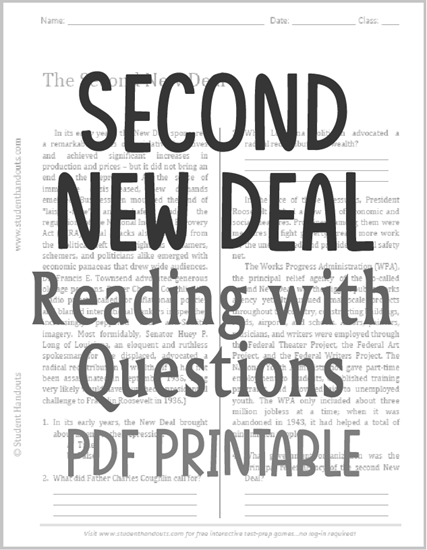The Second New Deal - Free printable reading with questions (PDF file) for high school United States History classes.