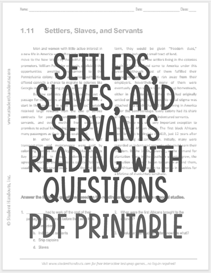 "Settlers, Slaves, and Servants" Reading with Questions for High School United States History Students - Free to print (PDF file).