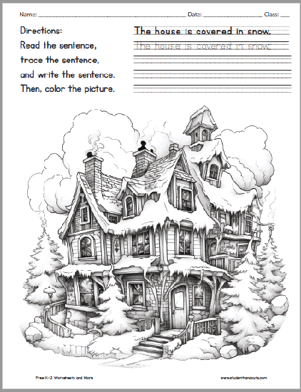 Snow-covered House Coloring Page - Free to print (PDF file).