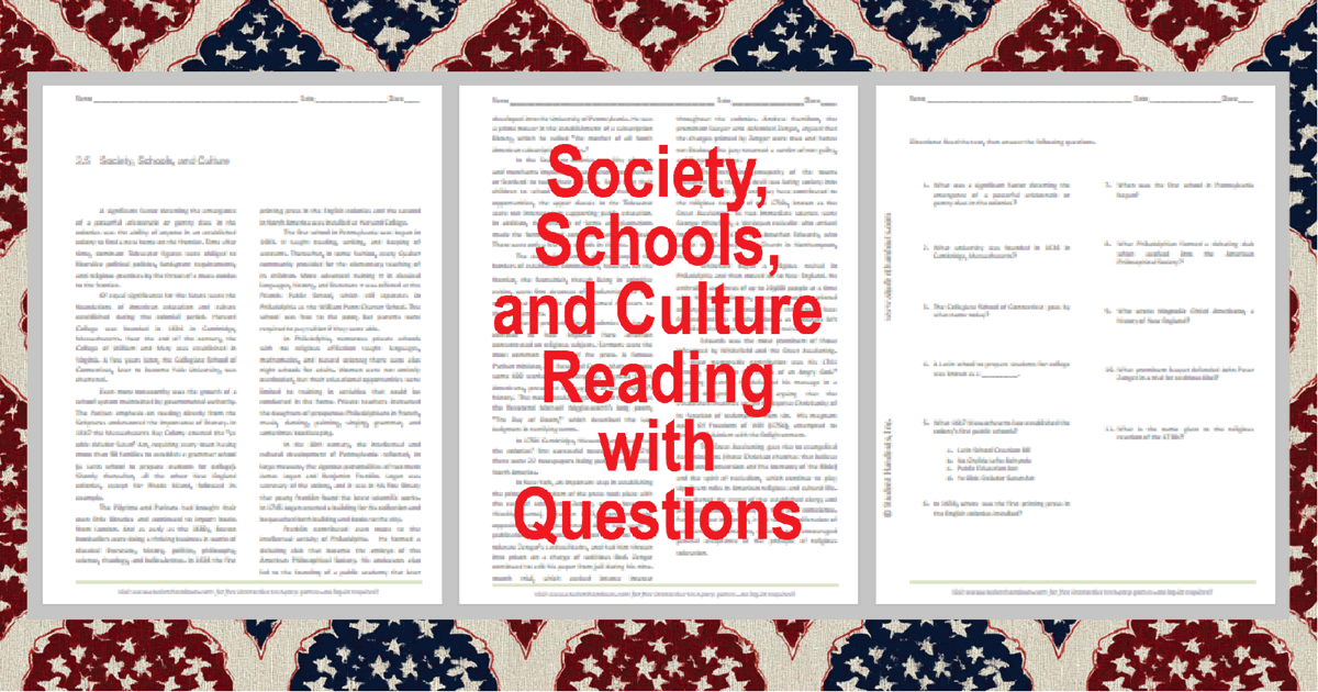 Society, Schools, and Culture Reading with Questions | Student Handouts