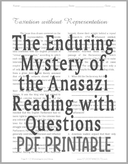 Taxation Without Representation - Free printable reading with questions for high school United States History students.