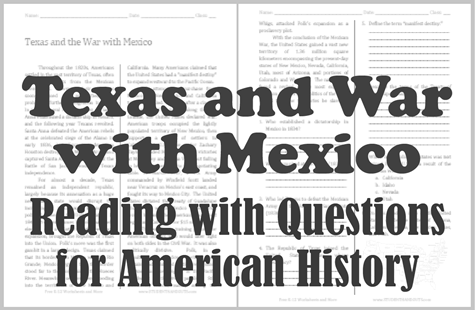 Texas and War with Mexico - Free printable reading with questions (PDF file) for high school United States History students.