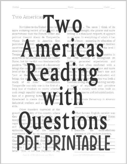 Two Americas - Free printable American History reading with questions (PDF file).