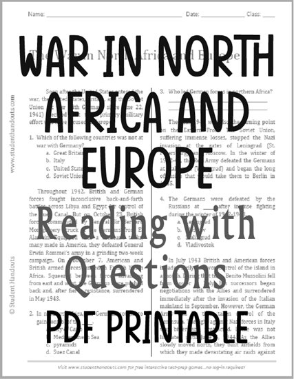 The War in North Africa and Europe - Free printable reading with questions for high school United States History.