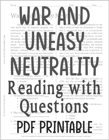 War and Uneasy Neutrality Reading with Questions for High School United States History - Free to print (PDF file).