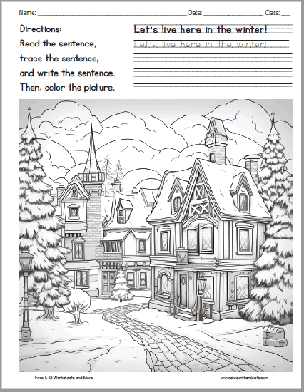 Winter Home Coloring Page - Free to print (PDF file).