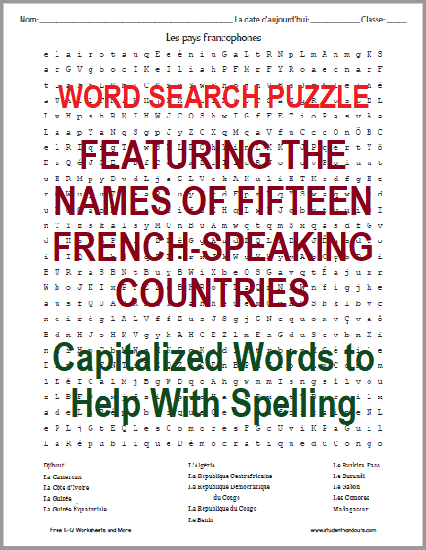 Francophone Countries Word Search Puzzle - Free to print (PDF file).