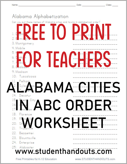 Put the cities and towns of Alabama in ABC (alphabetical) order. Free printable ELA English Language Arts worksheet for primary school students.