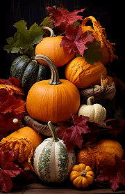 pumpkins, gourds, and fall leaf