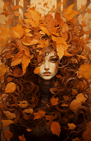 auburn-haired woman hidden partially behind fall foliage