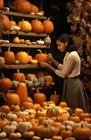 making a selection at a rustic autumn pumpkin shop