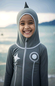 smiling girl in a burkini at the beach in summer half-letter dashboard image