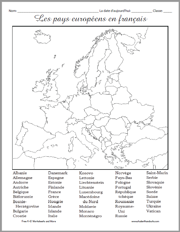Map Worksheet of Europe in French - Free to print (PDF file).