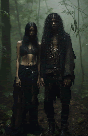 dystopian goth couple in a misty wood