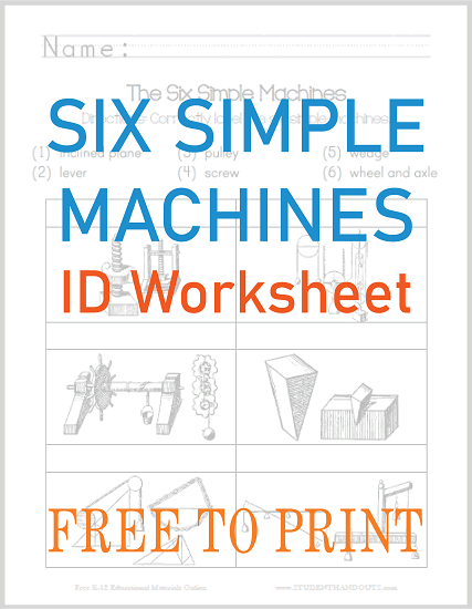 Identify the Six Simple Machines - Free printable worksheet for lower elementary Science.