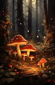mushrooms in a wood at night surrounded by fireflies dashboard printable