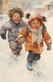 two smiling children playing and laughing in the snow