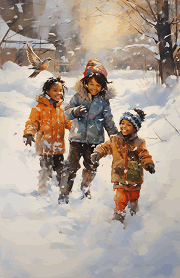 three happy children walking down a snow-covered sidewalk in winter