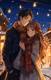 smiling anime couple in the snow wearing their coats and scarves