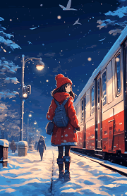 young anime girl in a long red puffy winter coat, at the train station on a cold, snowy, winter's night