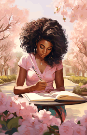 woman journaling in a garden in spring, surrounded by pinkish blossoms