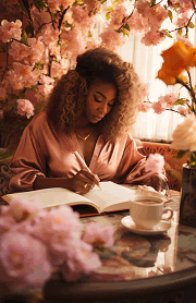 woman planning her day in a pink silk bathrobe in springtime