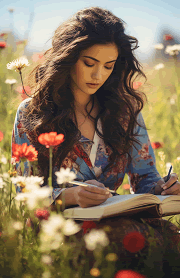 woman filling out her junior-sized tracker planner in a spring meadow