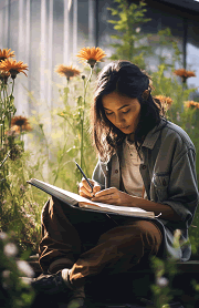 woman filling out her planner in a wood in springtime