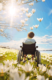 child in a wheelchair enjoying a beautiful spring day