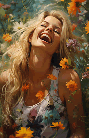 blonde woman laughing amidst springtime wildflowers