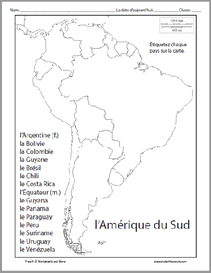 l’Amérique du Sud Map Worksheet - Free to print (PDF file) for French language students.