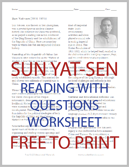 Sun Yat-sen Reading Worksheet - Free to print (PDF file).