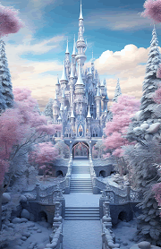 pinkish winter fantasy palace in a snowy forest