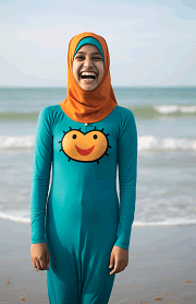 smiling woman in a burkini at the beach in summer junior size dashboard