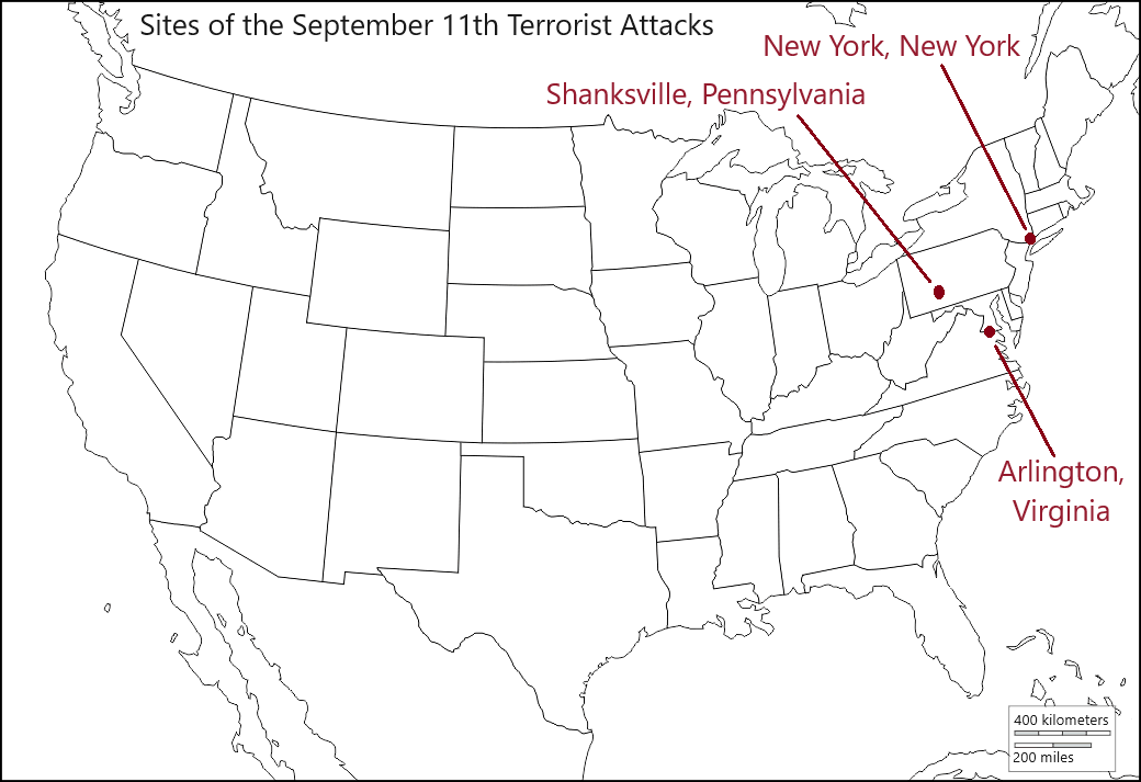 Map indicating the sites of the September 11th terrorist attacks on the United States.