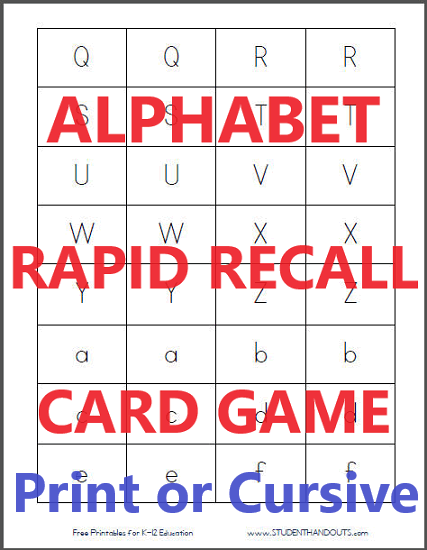 ABC Alphabet Free Printable Memory-Style Game - Free to print (PDF files) in print manuscript or cursive script.