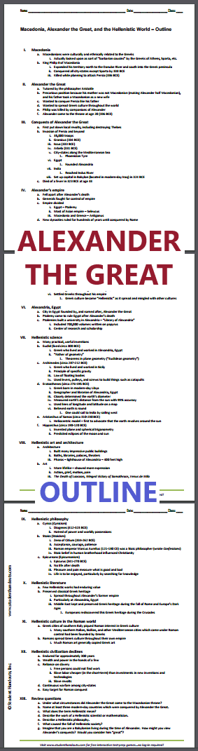 Macedonia, Alexander the Great, and the Hellenistic World - Free printable outline (PDF file) for high school World History or European History.