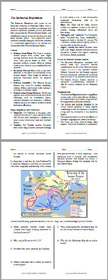 Barbarian Migrations Reading with Questions - Free to print (PDF file). Two-sided worksheet for junior and senior high school World History students.