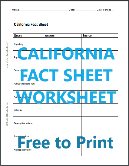 California Fact Sheet Printable Worksheet - Free to print. Students are tasked with researching and reporting on California.