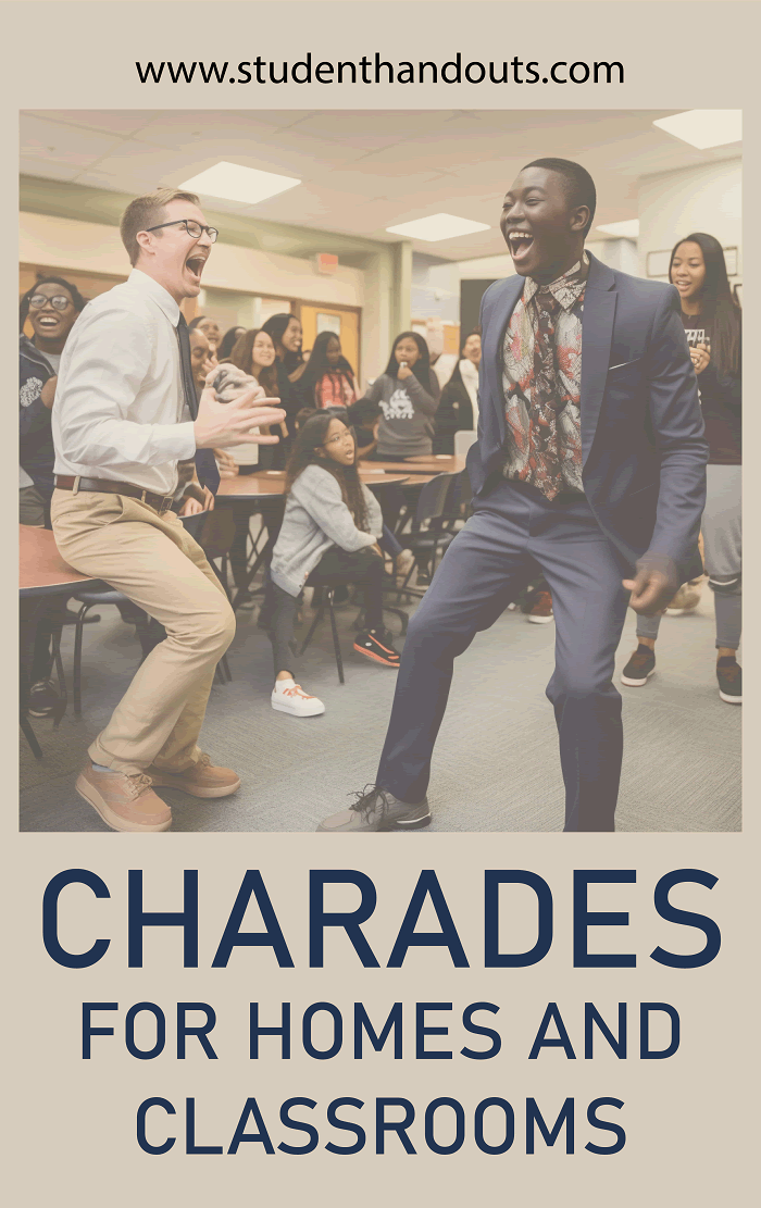 Playing charades can be a helpful and enjoyable activity for student learning in various ways, especially when it's integrated into the classroom or educational settings. Our charade game cards are free to print (PDF files).