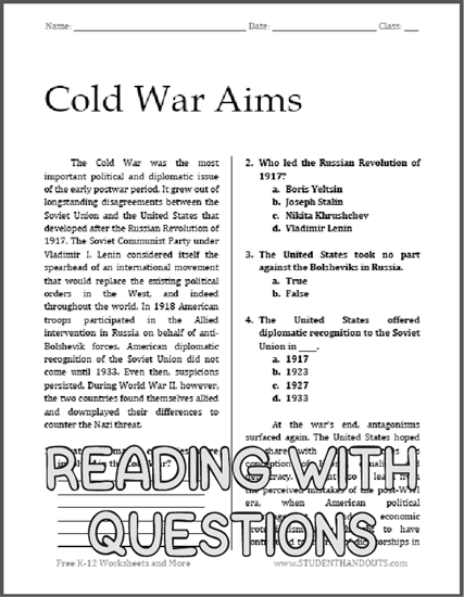 Cold War Aims Reading with Questions for High School United States History Students (PDF File)