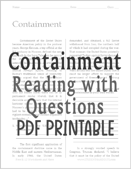Containment in the Cold War - Free printable reading with questions for U.S. History classes.