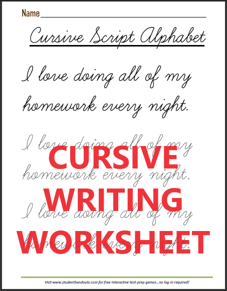 Cursive Script Homework Practice Sheet - Free to print (PDF file). The sentence reads: "I love doing all of my homework every night."