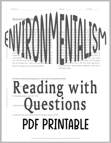 Environmentalism - Reading worksheet is free to print (PDF file) for high school United States History education.