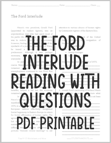 The Ford Interlude - Free printable reading with questions worksheet (PDF file) for U.S. History classes.