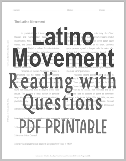The Latino Movement - Free printable reading with questions (PDF file) for high school United States History education.