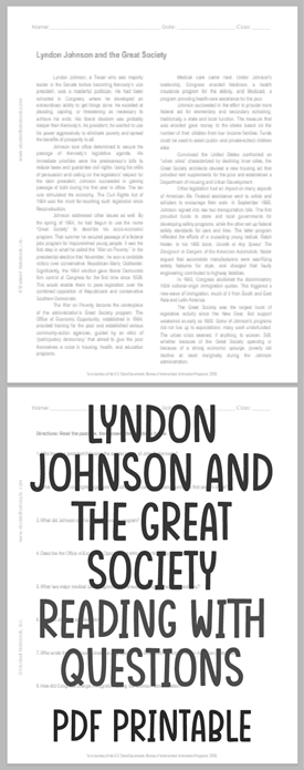 Lyndon Johnson and the Great Society Reading with Questions - Free to print (PDF file) for U.S. History students and teachers.