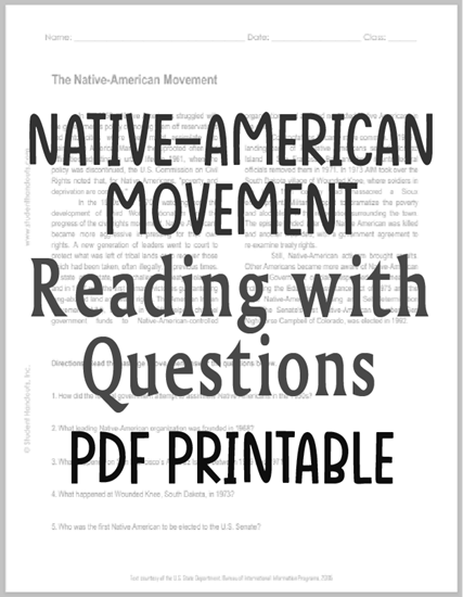 Native-American Movement - Reading with questions is free to print (PDF file) for high school United States History education.